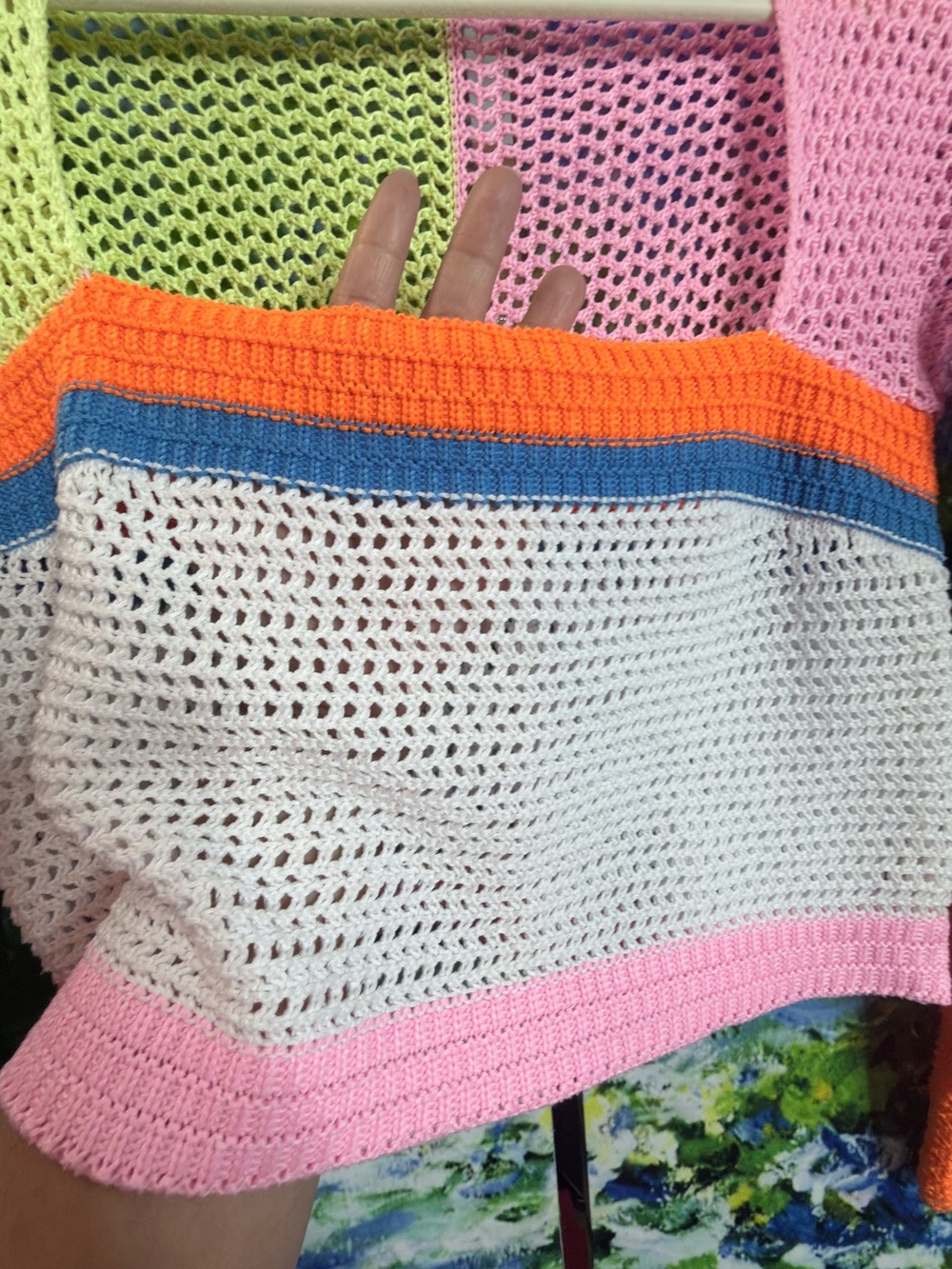 Colorblock Crochet Knit Bell Sleeve Sweater Top - Picture 3 of 7